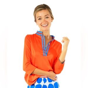 Gretchen Scott Women’s XS Top Vibrant Orange with Blue Trim 3/4 Sleeves EUC